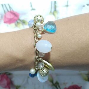 George Gold Tone Charm Bracelet Turquoise Blue White Lucite Bead Accents Signed